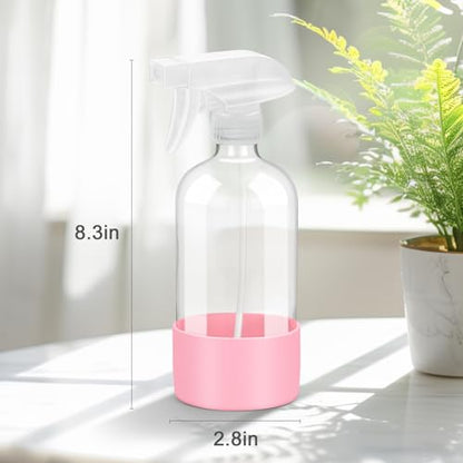 Glass Spray Bottles - 2 Pack 16 oz Clear Spray Bottles with Silicone Sleeve - color: Pink&Grey