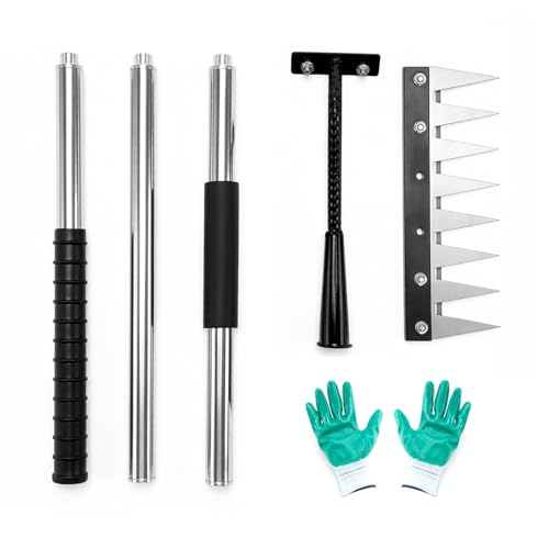 Upgraded Stainless Steel 8 Tines Garden Rake with 4-Section Adjustable Handle, Heavy Duty Manual Weeder Remover Tool for Gardening, YardWork, Weed Removal & Soil Aeration