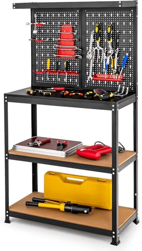 Work Bench with Storage, 31'' Work Table with Pegboard, 2 Drawers, Power Outlet, 3-Tier Metal Tool Storage Bench, Workbench for Garage, Workshop, Office Garage