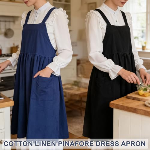 Cotton Linen Apron Cross Back Apron for Women with Pockets Pinafore Dress - color: 2 Pack-black+navy