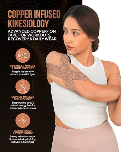 TheraCopper Copper Infused Kinesiology Tape - 2 Rolls, 40 Precut Strips - color: Tan