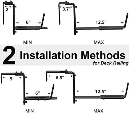 Y&M 2 Pcs Deck Railing Adjustable Planter Box Brackets (6 to 12.5 in), Universal Heavy Duty Iron Flower Box Brackets Wall Mounting Hooks for Fences, Patio, and Garden - Black (Patent Registered) - size: 2 Pcs - Black