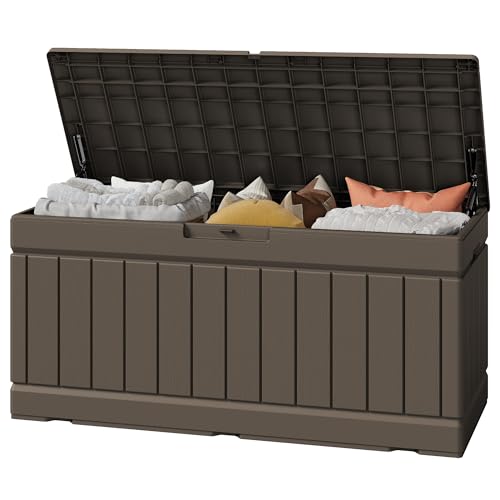 Greesum Outdoor Storage Box 82 Gallon Storage Bin with Lid for Patio Furniture, Garden Tools, Pool Supplies, Waterproof and UV Resistant, Lockable, Dark Brown - color: Dark Brown, size: 82 Gallon
