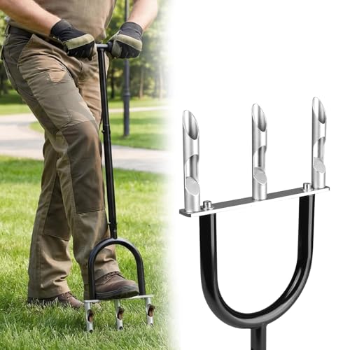 Manual Lawn Aerator Tool, Hollow Tines Plug Lawn Core Aerator, Heavy Duty Hand Soil Aeration Tool with Adjustable Handle, Grass Aeration Garden Tools for Lawn Care, Compacted Soil, Yard
