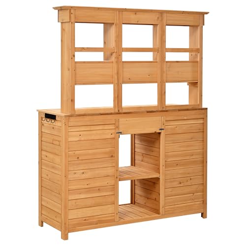 Merax 65.7" Tall Garden Potting Bench with Hutch, 3 Shelves, 6 Drawers, 2 Cabinets & Hooks - color: Natural