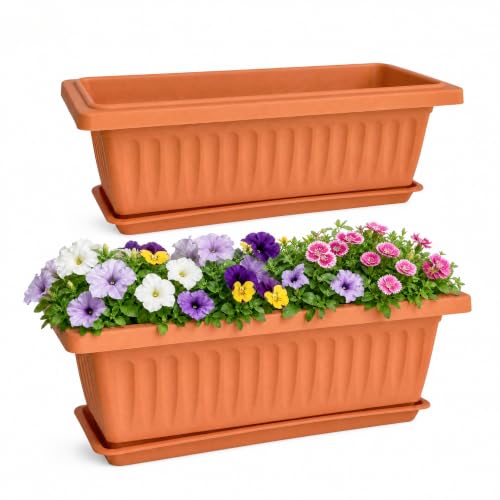 19 Inch Rectangular Plastic Planters, Terracotta, Set of 2 Window Boxes - color: Terracotta