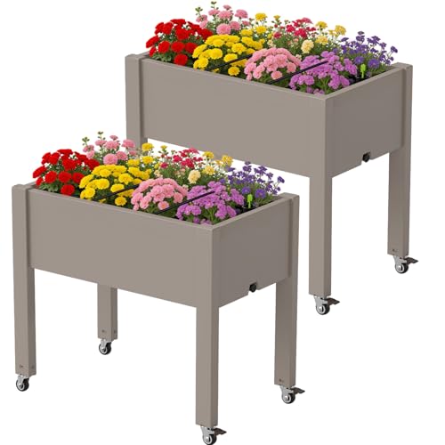 2 Pack Raised Garden Bed with Wheels, Resin Raised Planter Box Outdoor with Drainage System, Large Herb Garden Planter Set for Backyard Patio Balcony, Gray (17.7" D x 30" W x 26.3" H Each) - color: Gray, size: 26.3" Hx2