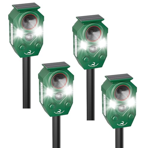Motion Activated Deer & Cat Repellent Outdoor, Solar Ultrasonic Animal Repeller with LED Flashing Lights, Humane Waterproof Pest Deterrent for Yard, Garden, Lawn & Farm