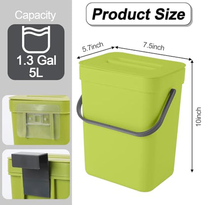 Compost Bin Kitchen, for use on Countertops or Under Sinks, Hanging Trash Can with Lid, for Cupboard/Bathroom/Bedroom/Office/Camping, Mountable Indoor Compost Bucket(Green 1.3 Gallon/5L)