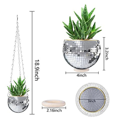 moonoom 2 Pcs Hanging Disco Ball Planter - 4Inch Sliver Disco Mirror Ball Planter with Chain - Home Boho Hanging Planter for Indoor Outdoor Plants