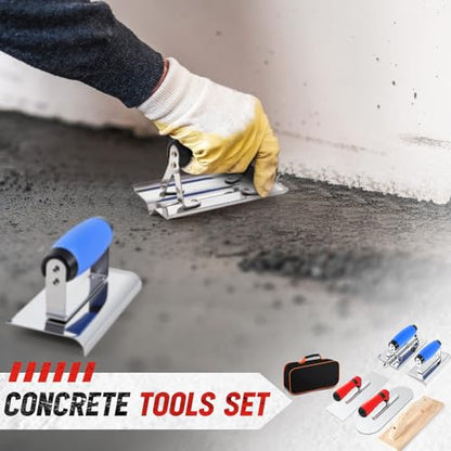 MorningRo 6pcs Concrete Hand Tools Set Masonry Tools Includes Stainless Steel Concrete Hand Edger, Groover, Wood Float, Finishing Trowel, Pool Trowel and Tool Bag for Cement Beginner Kit