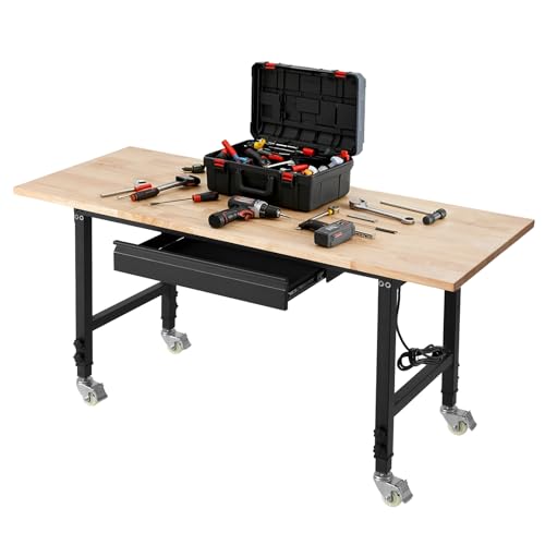 VEVOR Adjustable Workbench on Wheels, 2000 lbs Capacity, 60 x 24 Inch Oak Wood Top Workbench with Drawer & Power Outlets, Heavy-Duty Hardwood Worktable for Garage, Workshop, Home, Office, Commercial - size: 60 x 24 in