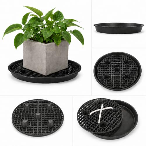 Self Watering Plant Saucers 4 Pack, 13.6 Inch Plastic Plant Saucers with Raised Grid Platforms and 8 Wicking Ropes, for Plant Pots, Fabric Grow Bags, Indoor and Patio Planters, Black