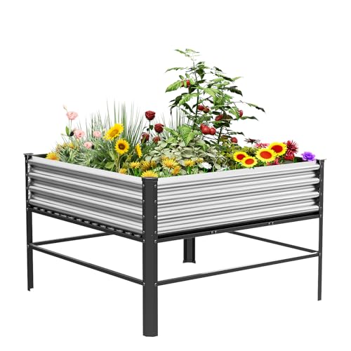 Doniks Raised Garden Bed with Legs, 48×48×32in Large Outdoor Metal Galvanized Garden Planting Box,1000lb Capacity for Vegetables Lawn Green Flowers, Fruits, Terrace