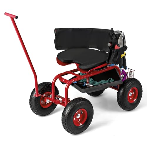 GIANTEX Garden Cart, Rolling Workseat with 4 Wheels, Tool Tray, Removable Cushion, Storage Basket, 2 Handles, Adjustable Height & 360 Swivel Work Seat, Gardening Stool for Patio Lawn (Red & Black) - color: Red & Black