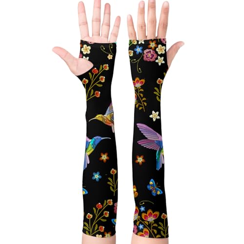 Garden Sleeves for Women Boho Gardening Sleeves with Thumb Holes UV Sun Protection Arm Sleeves for Women - color: Black Hummingbird