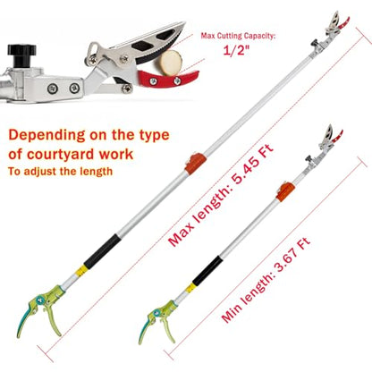 3.67-5.45Ft Extendable Cut & Tree Trimmer for Precision Gardening Pruning & Fruit picking, Long Reach Pruning Shears - Lightweight Aluminum Rust-Resistant Picker, Branch Bypass Loppers(1/2" Max Cut)
