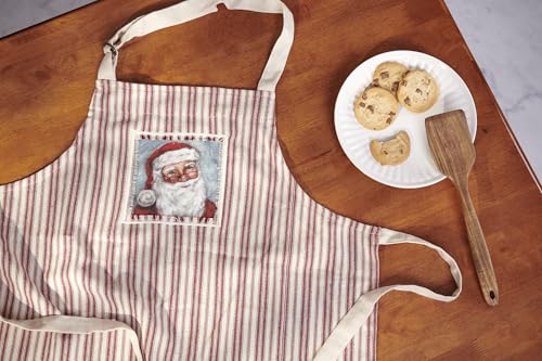Primitives by Kathy Merry Santa Apron, Santa face stitched art panel and Red Christmas inspired stripe pattern - Full Coverage with Adjustable Neck & Waist - Nostalgic Holiday Kitchen Accessory - color: Merry Santa