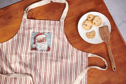 Primitives by Kathy Merry Santa Apron, Santa face stitched art panel and Red Christmas inspired stripe pattern - Full Coverage with Adjustable Neck & Waist - Nostalgic Holiday Kitchen Accessory - color: Merry Santa