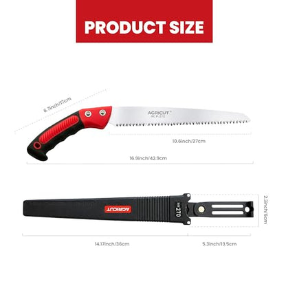 AGRICUT 420mm Hand Pruning Saw with Sheath: 0.85mm Thick High Carbon Steel Blade, Triple-Sharpened Teeth, Non-Slip Grip – Tree Saw & Camping Saw for Outdoor Garden Branch