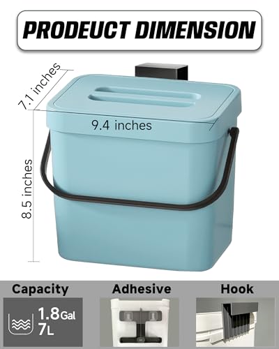 1.8 Gal Hanging Trash Can with Lid, Kitchen Garbage Bin 7L/Blue - color: BLUE, size: 7 L / 1.8 Gal - Lid