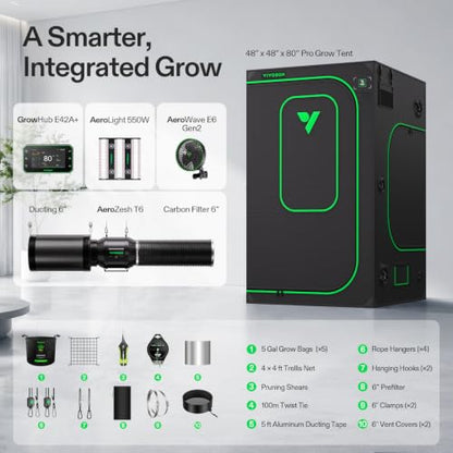 VIVOSUN 4x4 Pro Grow Tent Kit 550W Aerolight E42A+ Smart Control System - size: Plus 48" x 48" x 80"