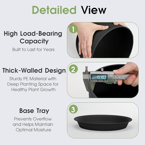 GARDIFE 5-Pack Plastic Plant Pots 7-10in with Drainage & Saucers, Black - color: Black