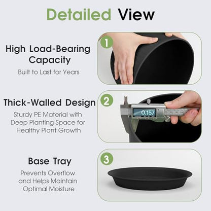 GARDIFE 5-Pack Plastic Plant Pots 7-10in with Drainage & Saucers, Black - color: Black