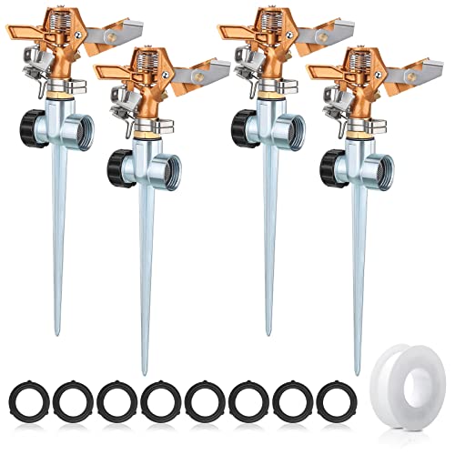 Nuogo 4 Pack Heavy Duty Brass Impact Lawn Sprinklers – Adjustable 360° Rotating Garden Sprinkler Heads with Metal Spike Base – Wide Coverage Yard Irrigation System for Lawn, Garden & Farm