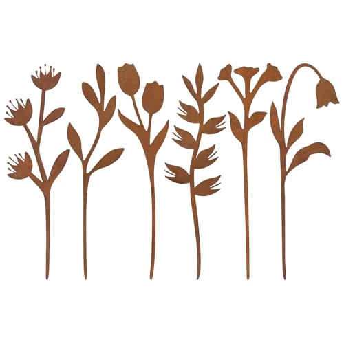 hogardeck Garden Decor for Outside, 6 Pcs Rusty Metal Flower Garden Stakes with Fern Leaf Design for Outdoor Yard Art, Rustic Plant Stakes for Flower Bed, Pot, Vase - color: Rusty