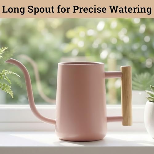 Metal Small Indoor Watering Can with Long Spout & Real Wood Handle, 35oz - color: Pink