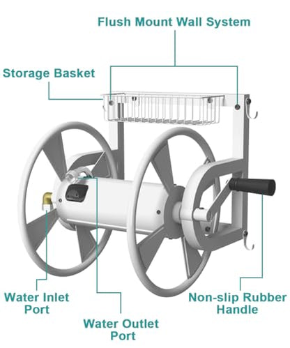 Artigarden Outdoor Wall Mounted Hose Reel with Hook, Garden Heavy-Duty Water Hose Holder Winder with 3.9 ft Leader Hose, Brass Fitting and Storage Basket for Yard, Holds 125 Ft of 5/8-Inch Hose, White - color: White