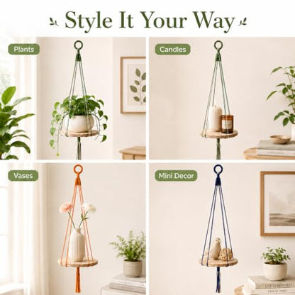 Macrame Hanging Planter with Shelf, Boho Plant Hanger for Indoor Window - color: Green + Orange + Blue