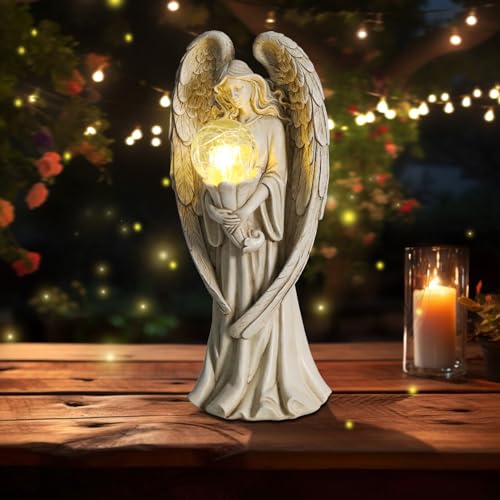 Garden Angels Outdoor Statue, Solar Angel with Crackled Glass Globe Outdoor - color: White
