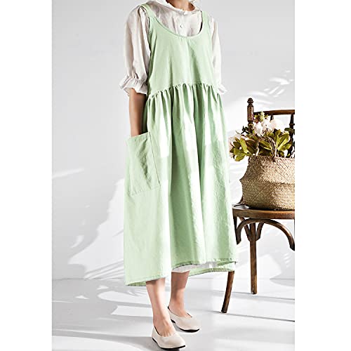 Cotton Linen Apron Cross Back Apron for Women with Pockets Pinafore Dress - color: 2 Pack-beige+light Green