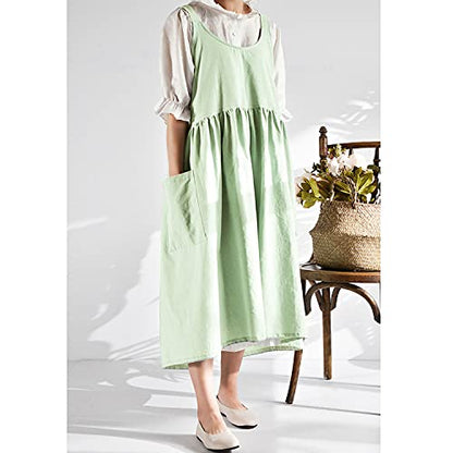Cotton Linen Apron Cross Back Apron for Women with Pockets Pinafore Dress - color: 2 Pack-beige+light Green