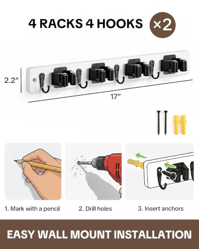 Lorbro 2 Pack Broom Holder Wall Mount, Wooden Rack with 4 Slot & 4 Hook - color: White
