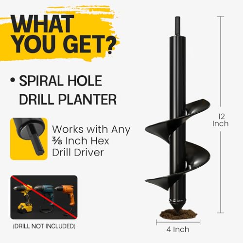 Garden Auger Drill Bit for Planting 4" x 12" - 3/8" Hex Drive Compatible - size: 4 x 12 Inch