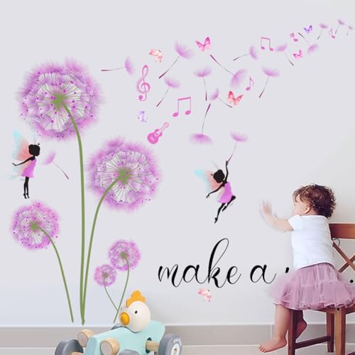 Purple Dandelion Wall Decals, Peel and Stick Vinyl Decor,Removable Vinyl Wall Stickers with Flowers Butterflies, Birds, Pink and Black Colorful Floral Design for Living Room, Bedroom, Nursery - color: Purple