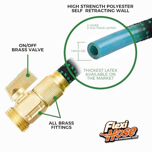 Flexi Hose with 8 Function Nozzle, 50FT - Lightweight Expandable Garden Hose, No-Kink Flexibility, 3/4 Inch Solid Brass Fittings and Double Latex Core - Black and Green - size: 50ft