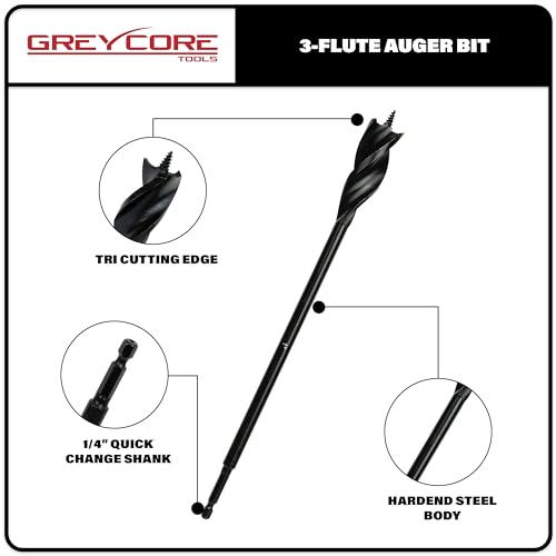 Greycore Tools 3-Piece 16 Inch 3-Flute Auger Bit, Wood Drill Bit for Hard and Soft Wood, 1/4” Quick Change Shank, Woodworking Auger Bits (16” Set 1/2”, 3/4”, 1”) - size: 16" 3PCS Set (1/2", 3/4", 1"), style: 16 Inch