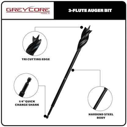 Greycore Tools 3-Piece 16 Inch 3-Flute Auger Bit, Wood Drill Bit for Hard and Soft Wood, 1/4” Quick Change Shank, Woodworking Auger Bits (16” Set 1/2”, 3/4”, 1”) - size: 16" 3PCS Set (1/2", 3/4", 1"), style: 16 Inch