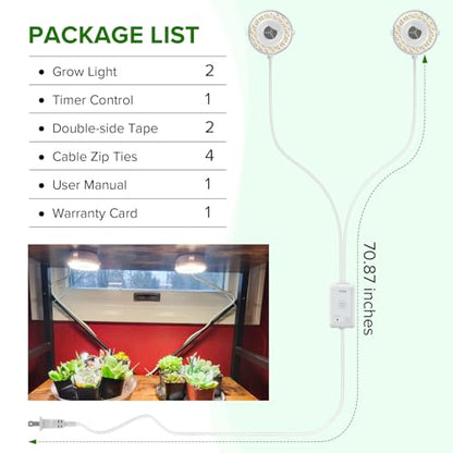 Puck Grow Lights for Indoor Plants, Dual 5W+5W Heads with Timer - size: 2-Head with timer