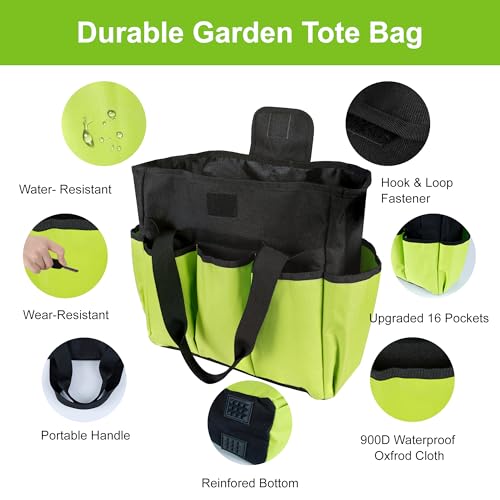 Portable Gardening Tool Tote Bag Organizer with 16 Pockets & Handle - color: Green