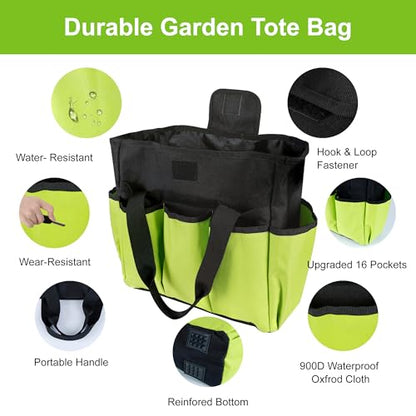Portable Gardening Tool Tote Bag Organizer with 16 Pockets & Handle - color: Green