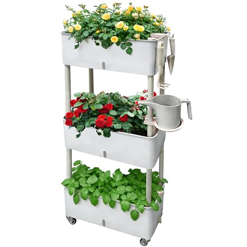 Self-Watering Raised Planter Box with Lockable Wheels,3-Tier Elevated Garden Bed with Visible Water Level Window,Indoor Outdoor Plastic Plant Box for Flowers,Vegetables & Herbs - style: Three-layer