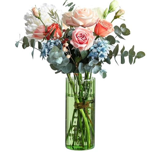 ComSaf Glass Cylinder Vase 8 Inch Tall, Green Ribbed Decor for Centerpieces - color: Green