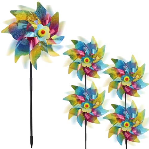 5 Pieces Rainbow Stripes Windmill, Octagonal Laser Rainbow Colorful Stripes Windmill Field Bird Repellent Park Scenic Spot Decoration, Sparkly Bird Scarer Windmill for Yard Farm Decoration