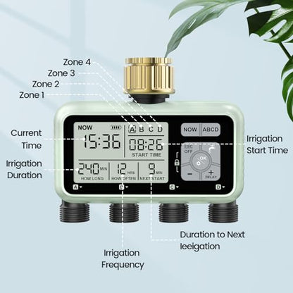 Watering Timer 4 Zone with with Brass Inlet, Sprinkler Timer 4 Outlet