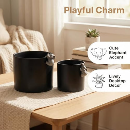Plant Pot with Climbing Elephant Statues, 5 & 7 Inch, Matte Black, Set of 2 - color: Black E2
